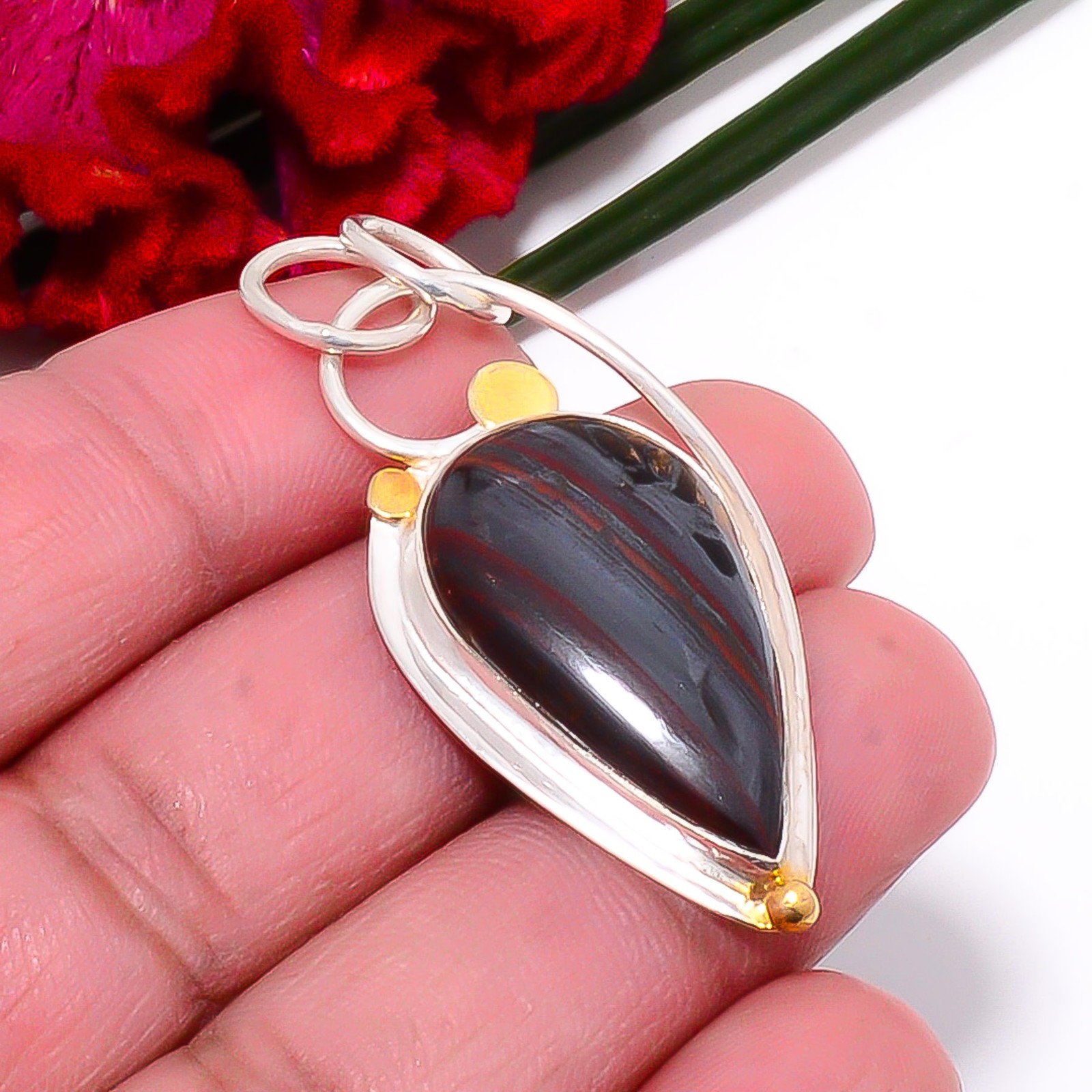 Iron Tiger Eye 925 Sterling Silver Two Tone Pendant 1.95″ Sk5, Christmas Gift