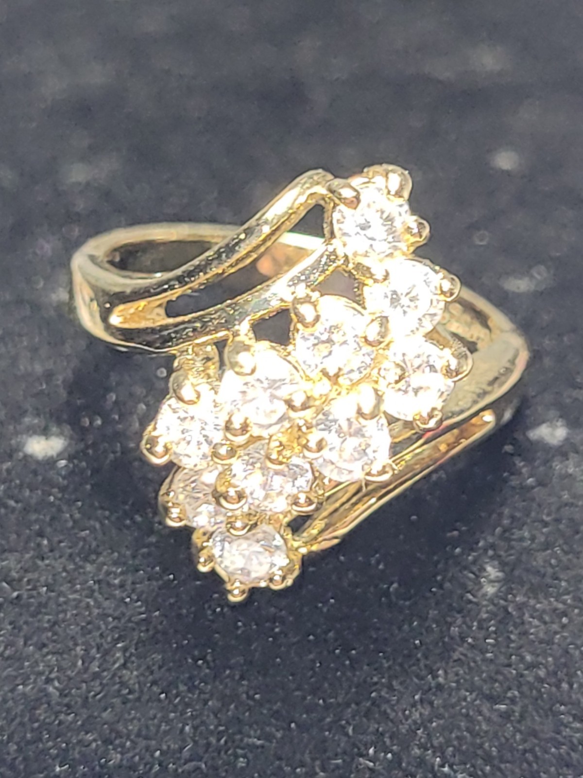 JQA 14K HGE Signed LIND Goldtone Cocktail Ring Clear CZ Crystal Statement Fashio