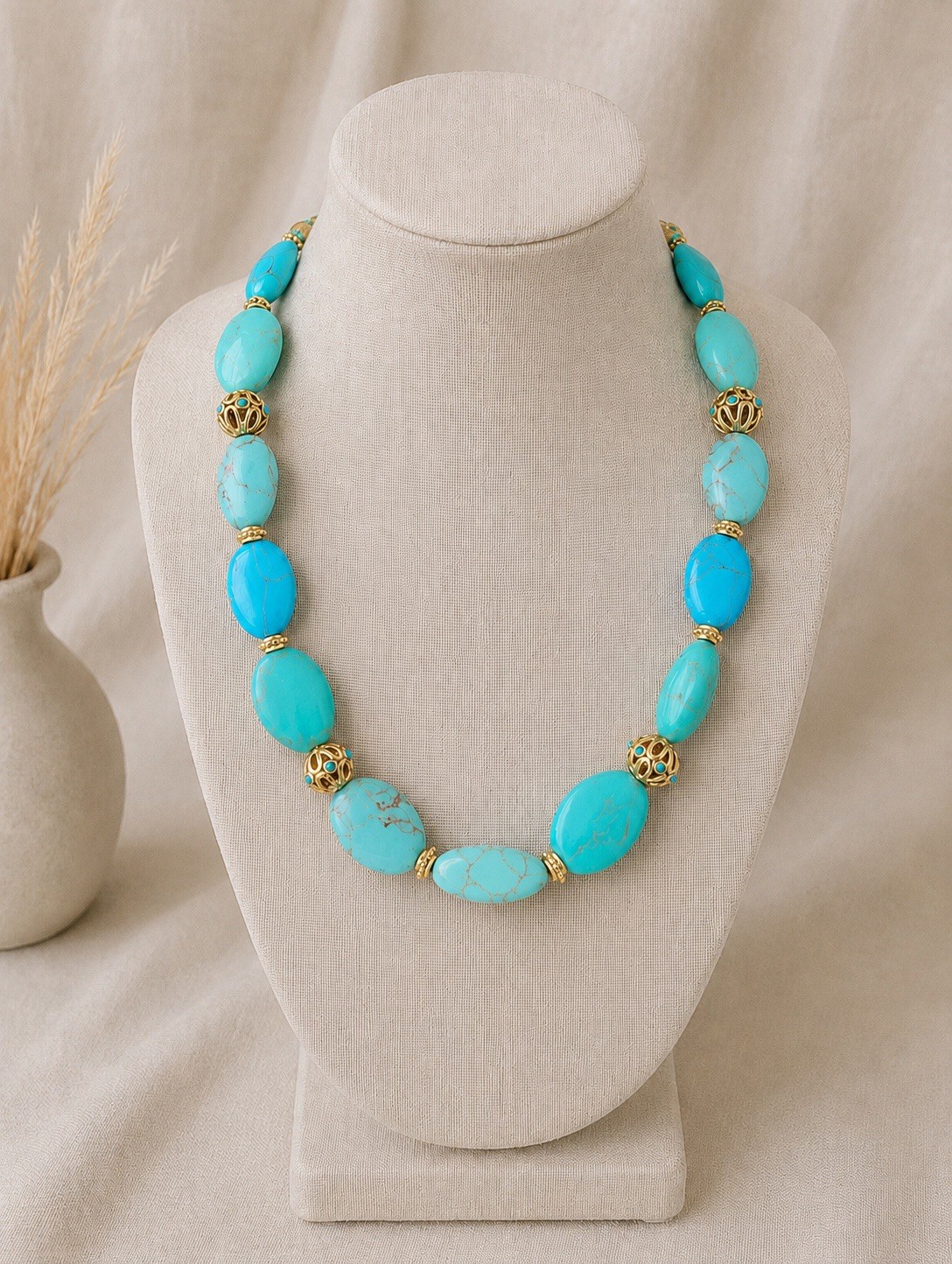 Vintage RLL Ralph Lauren Faux Turquoise Gold Beaded Statement Necklace 16”