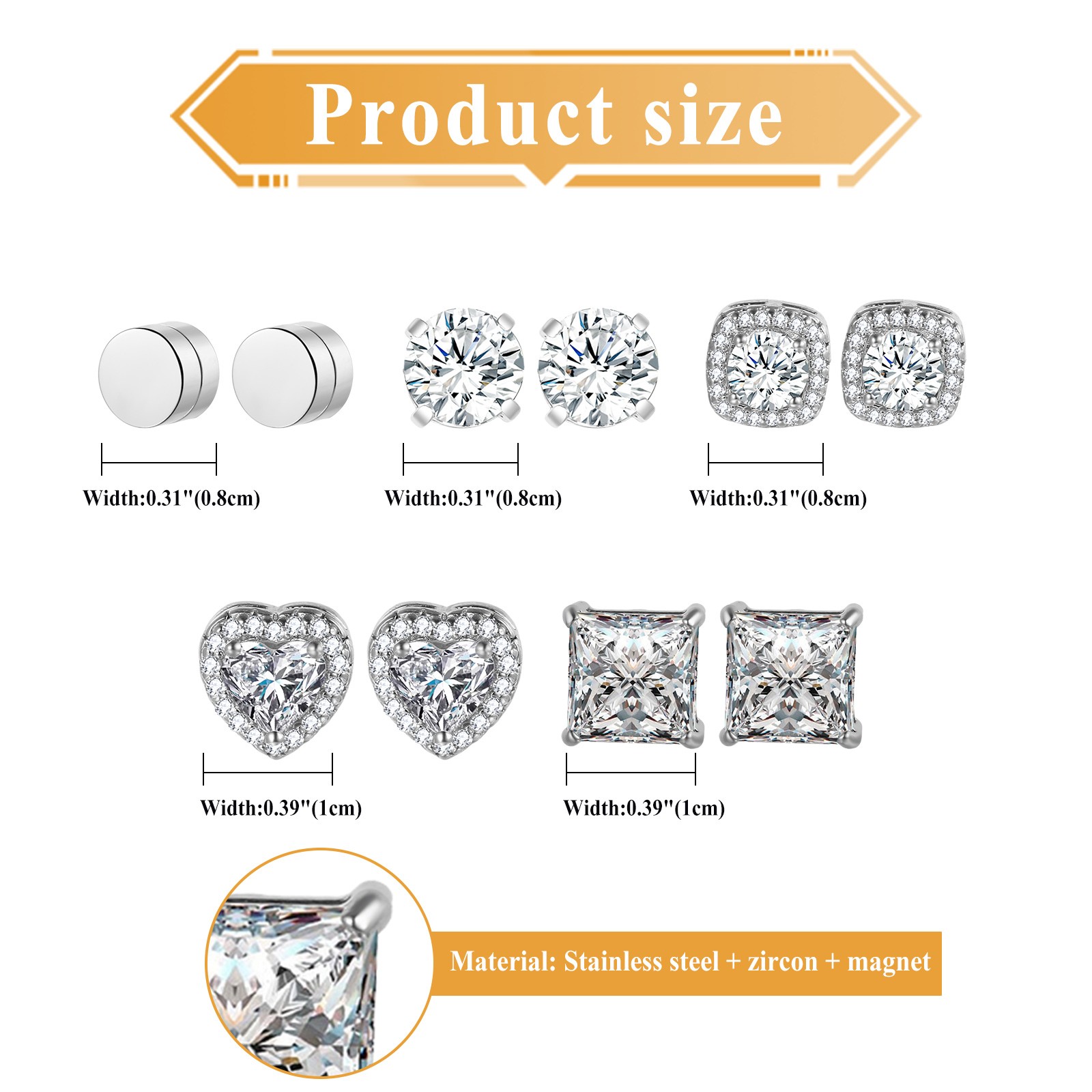 5Pairs CZ Stainless Steel Magnetic Earrings Non-Piercing Clip-On Studs Men Women