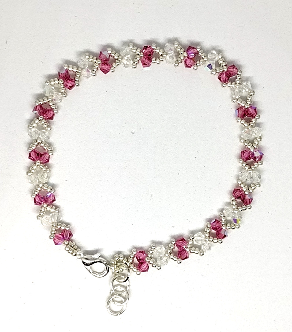 7-inch Bracelet 3mm Crystal Pink/White Sparkly Bicone Beads/Silver Miyuki Beads.