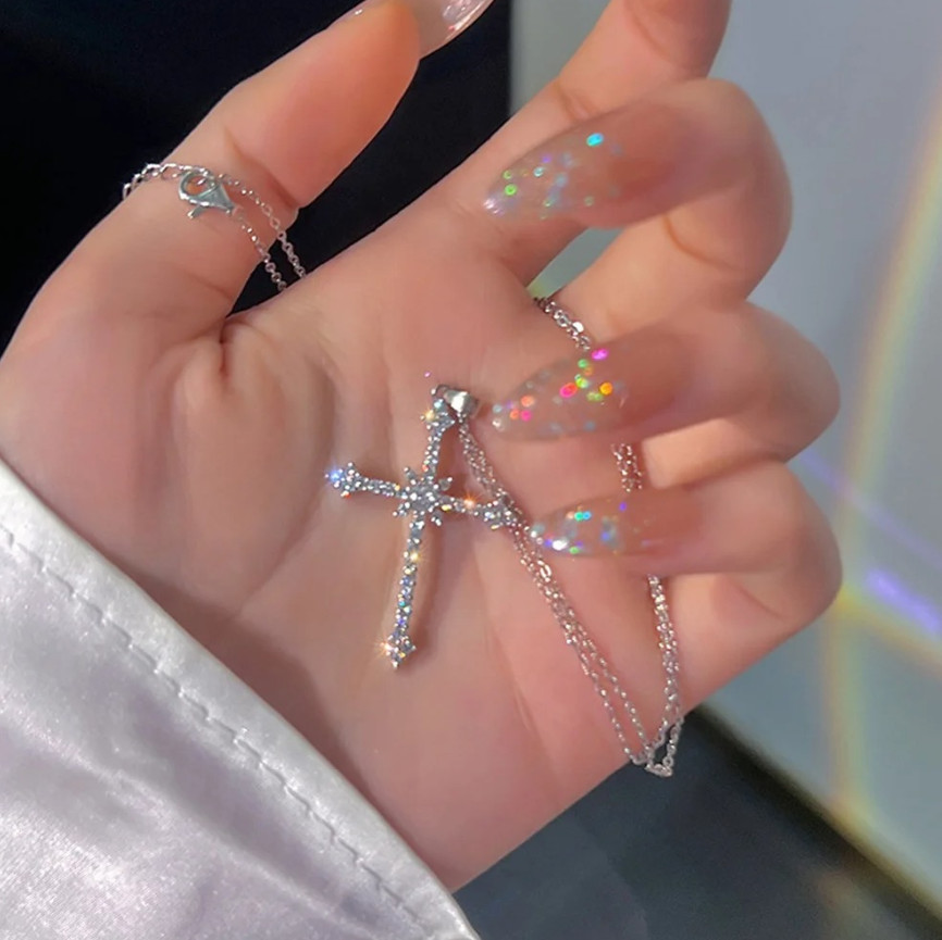 1pc Elegant Crystal Cross Pendant Necklace Silver Star Trendy Women’s Jewelry