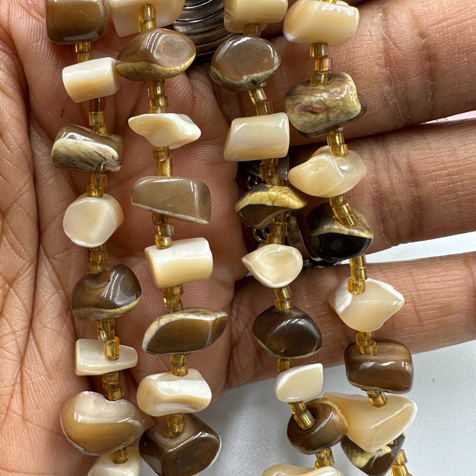 Neutral Tone Chip Bead Necklace Brown Beige Shell Look Single Strand Natural 28″