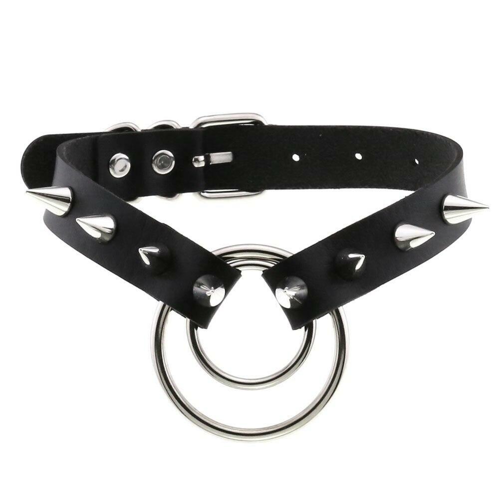 Women O Ring Neck Collar Chain Gothic Punk Studded Pu Leather Choker Necklace