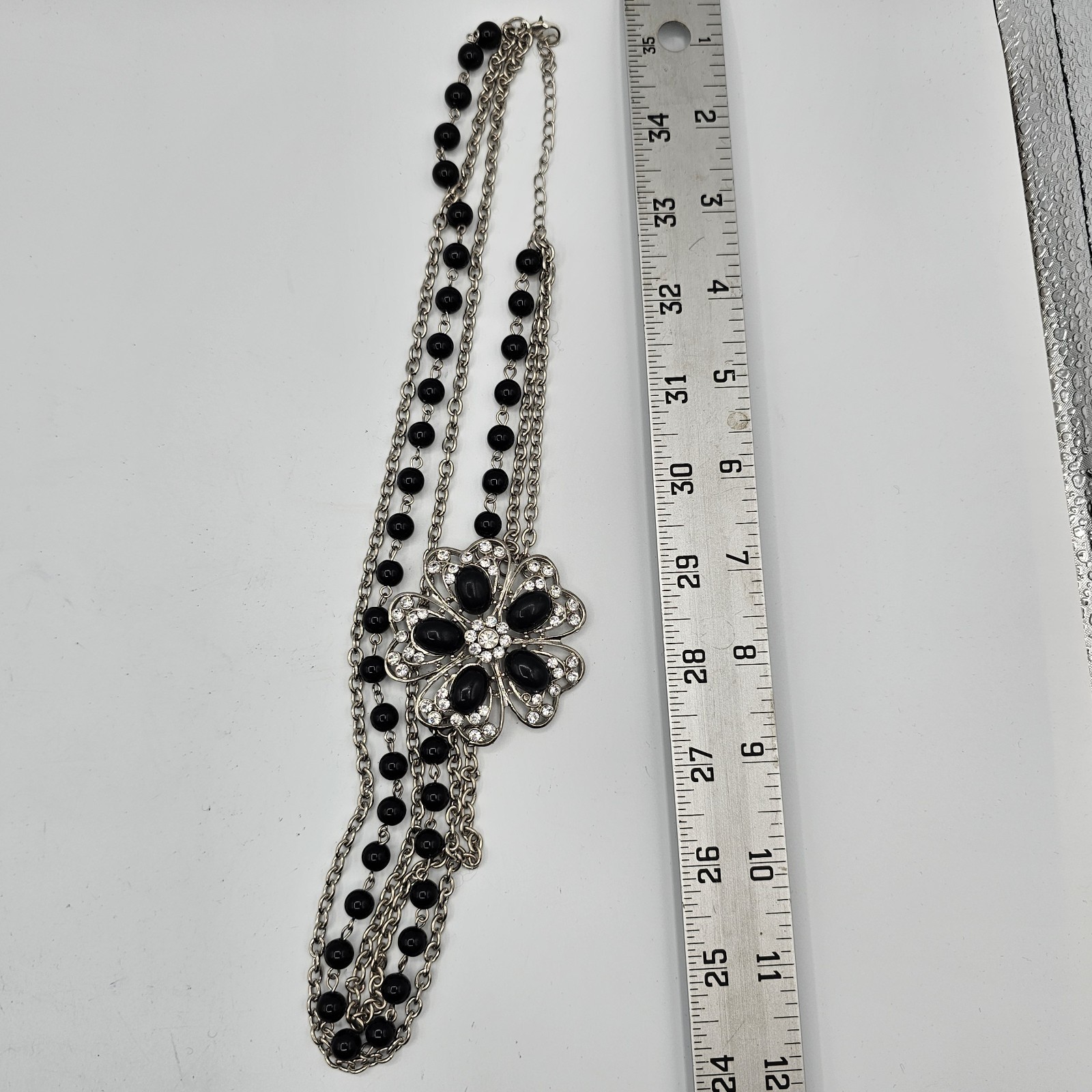 Silver Tone Black Flower Statement Necklace Layered Chain Floral Crystal Accent