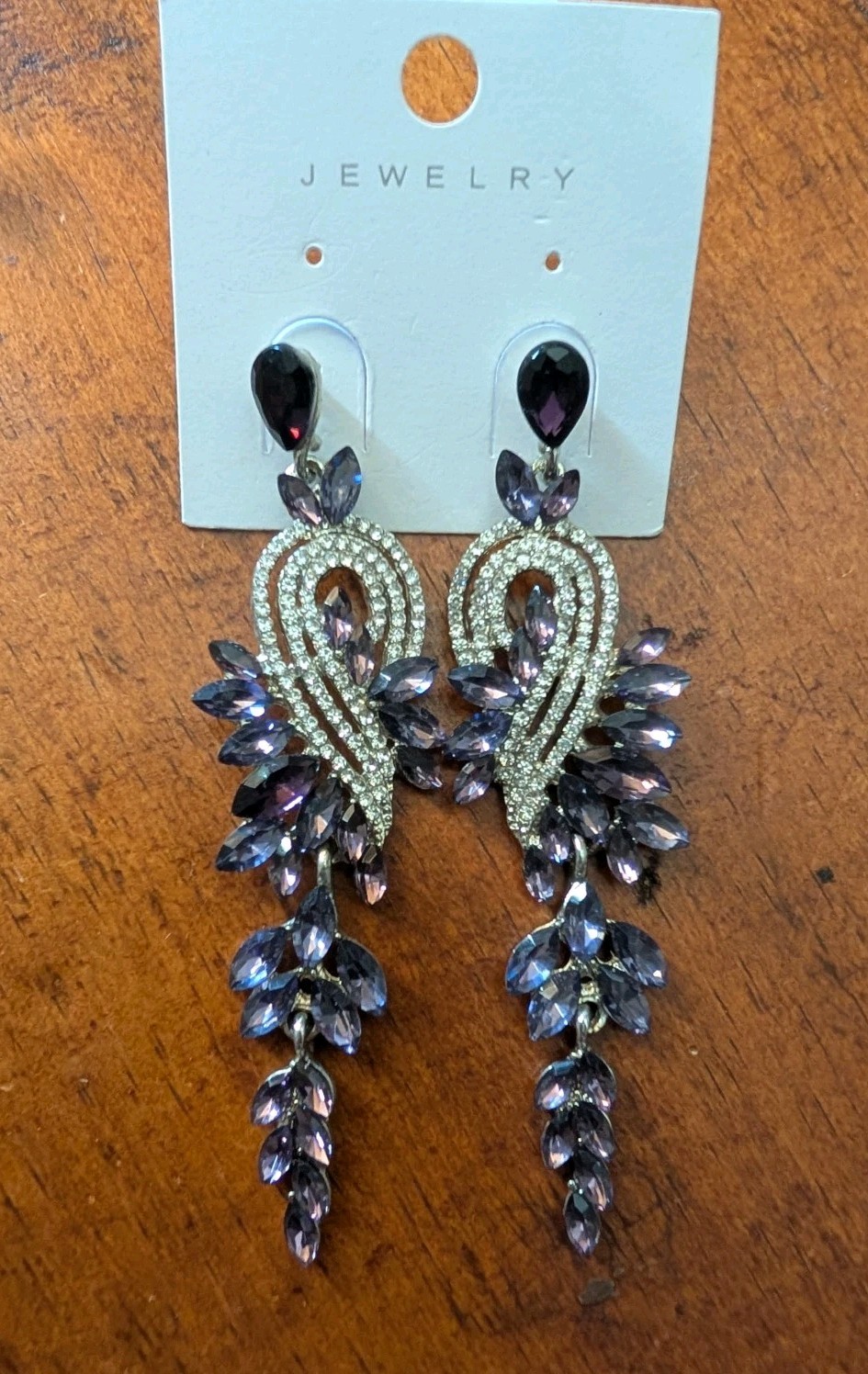 Purple Crystal Chandelier Dangle Drop Earrings Silver Tone Leaf 3.5 in Marquise