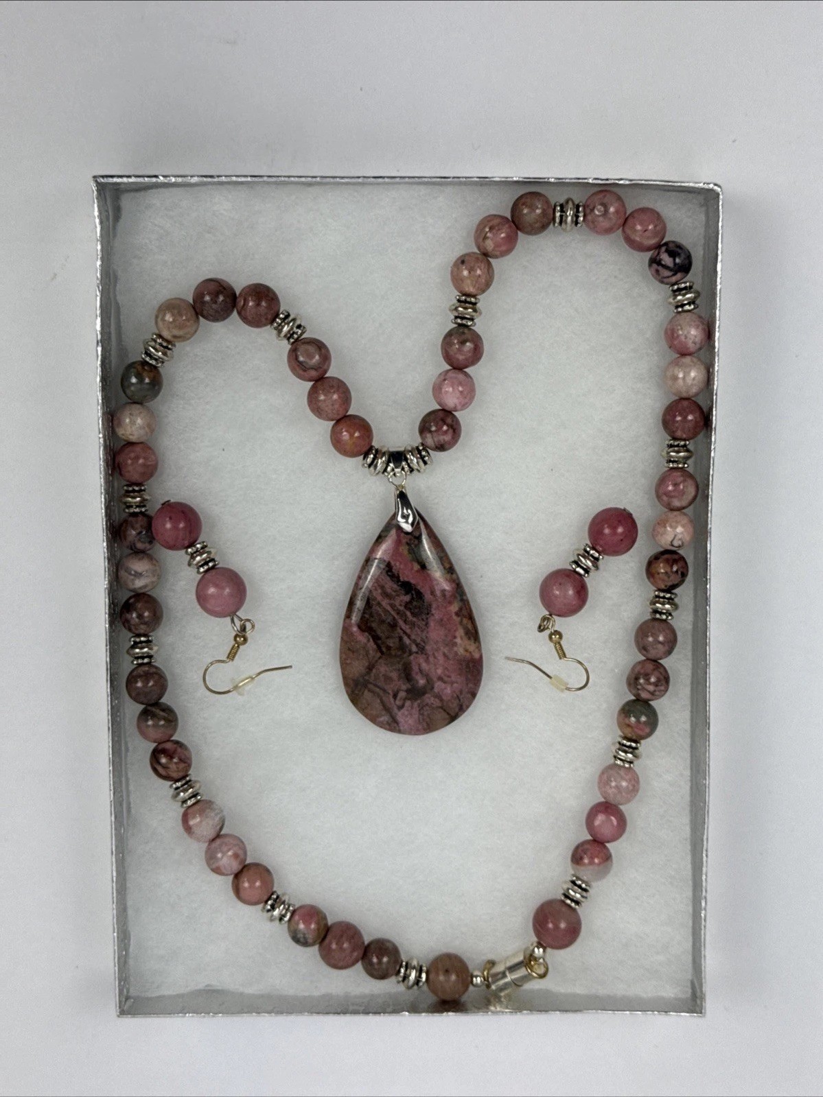 Pink Rhodonite Pendant With Smooth Round Gemstones With Matching Ear Rings 18KGP
