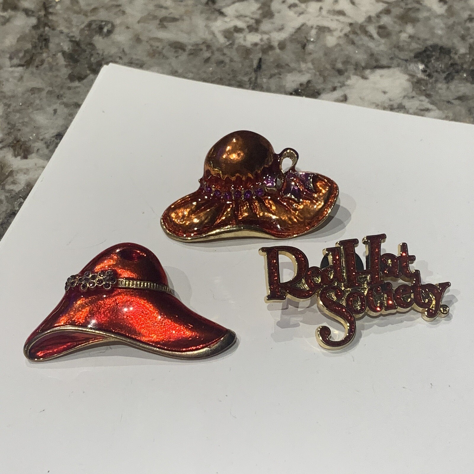 Lot Of 3 Costume Vintage – Modern Jewelry Brooches Pins 2004 Red Hat Society