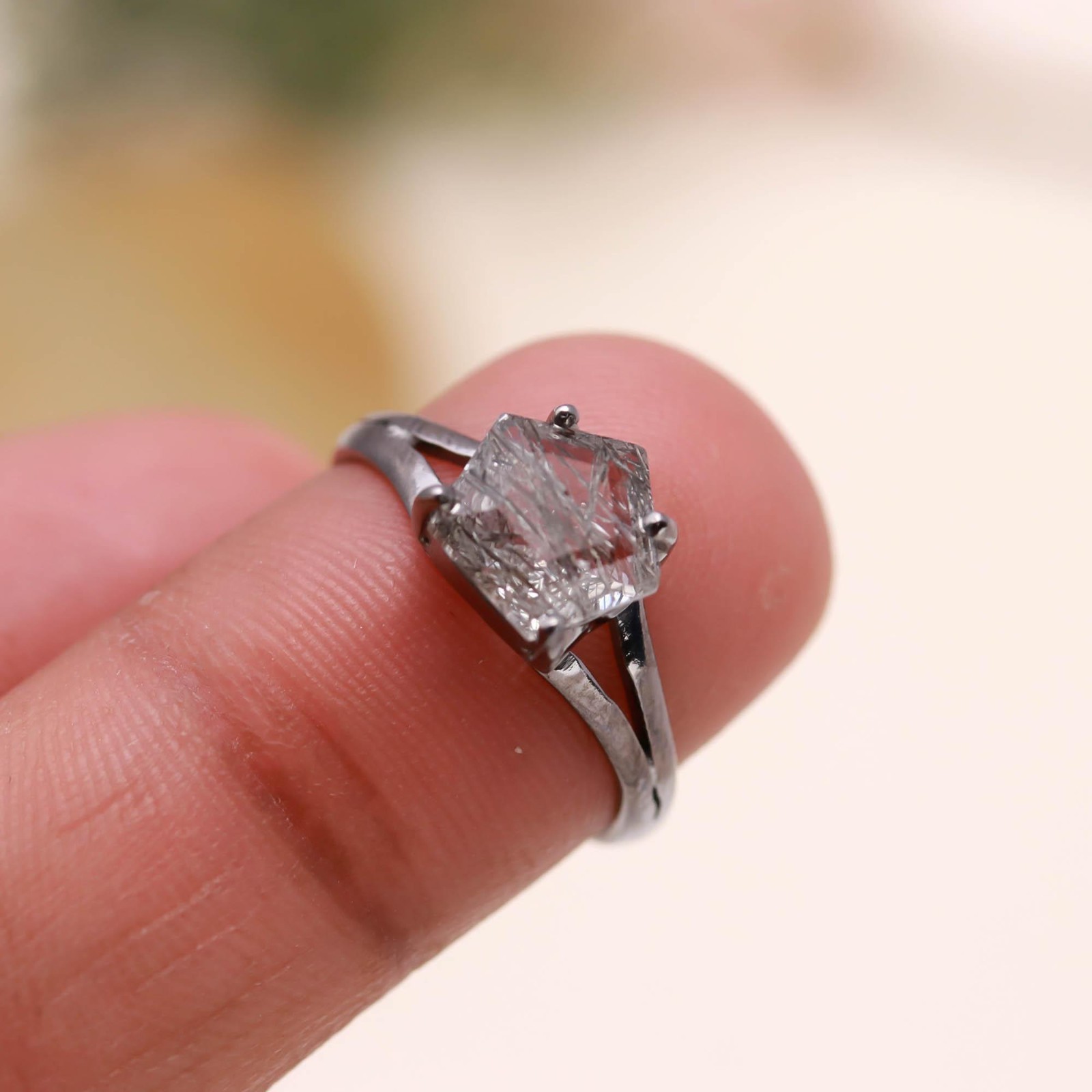 Natural Black Rutile Pentagon Ring Black Oxidized 925 Sterling Silver Jewelry