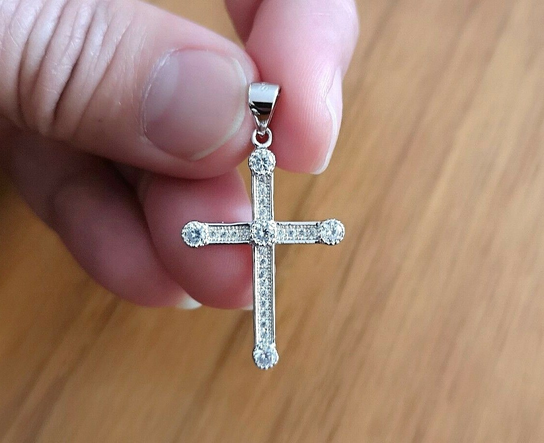 1Ct Diamond Cross Pendant Womens Mens Necklace Solid Silver 14K White Gold over