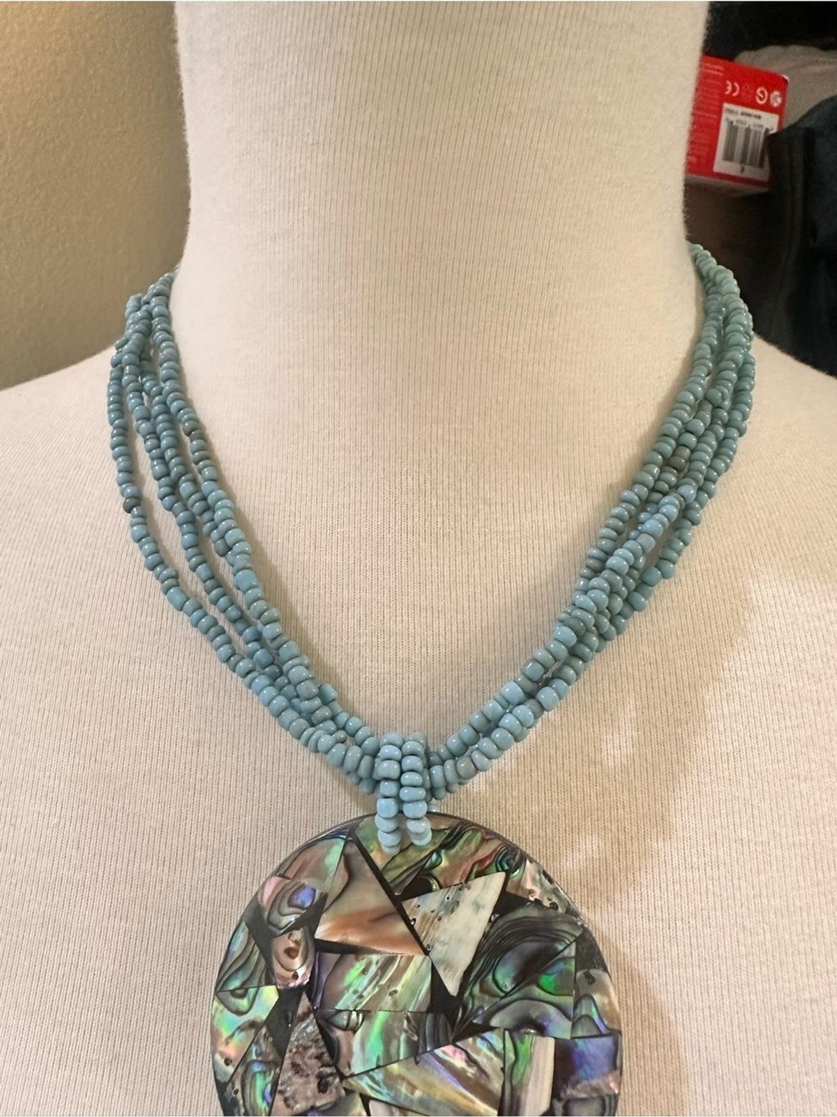 Source Unknown Blue Beaded Necklace with Iridescent Abalone Mosaic Pendant