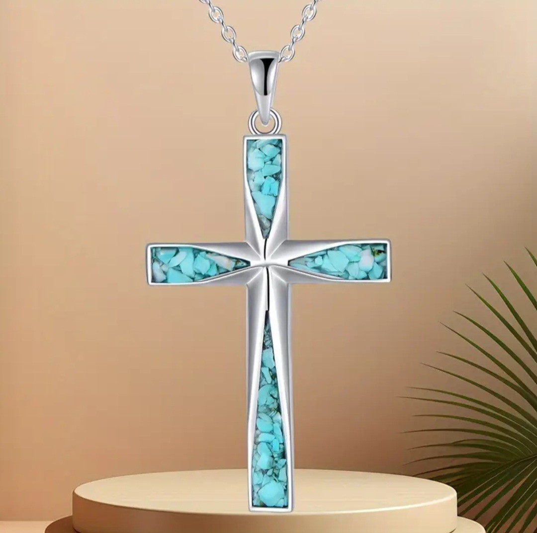 Silver Plated Turquoise Cross Pendant Necklace – Cable Chain, Blue Stone, 17.7in