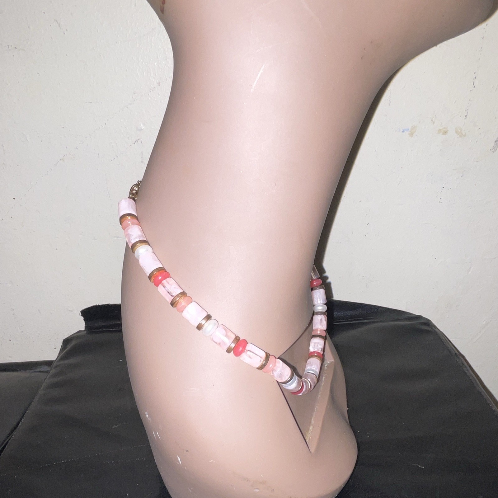 Pink White Red Beaded Necklace, Adjustable Gold Tone Cable Chain, Oval Charm