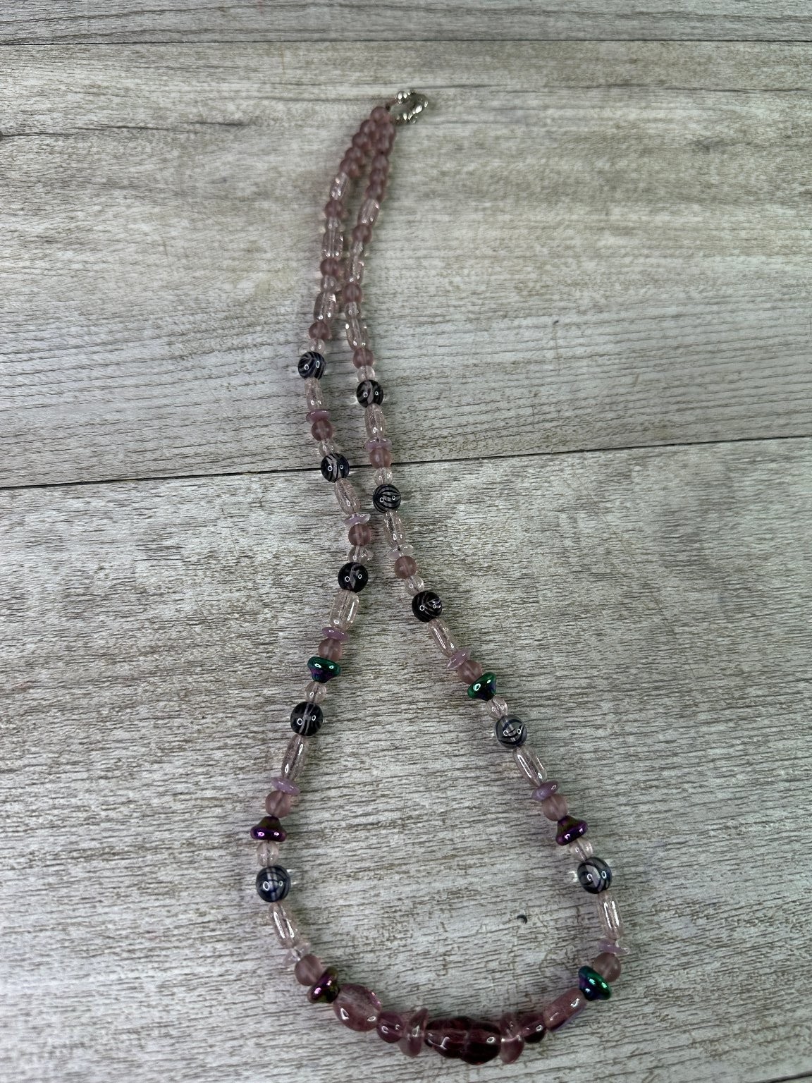 Artisan Beaded Necklace Pink Purple Iridescent Glass Acrylic Beads 22.5″ Length