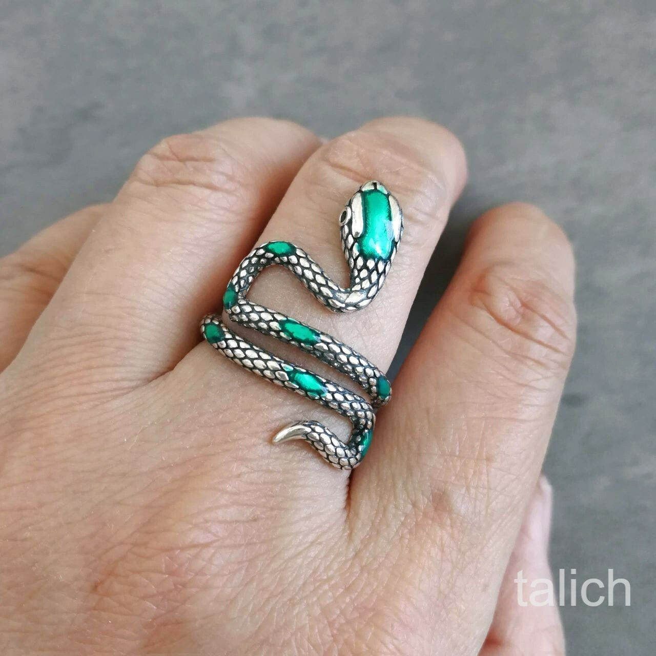 925 Sterling Silver Green Enamel Snake Serpent Ring Adjustable Unique Gothic