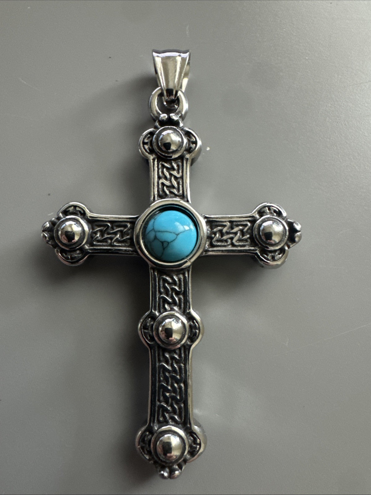 Three-dimensional Cross Pendant Dark Metal Tone Stainless Steel 24” Chain Viking