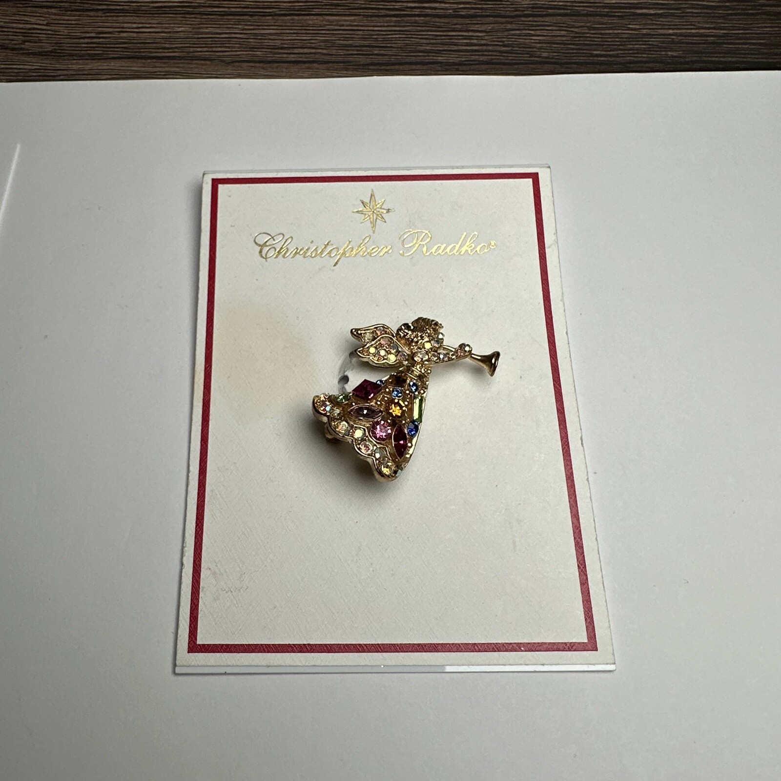 Christopher Radko Rhinestone Angel Multi Color Christmas Gold Tone Brooch Pin