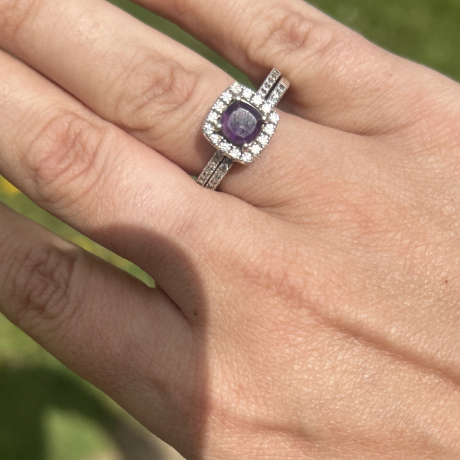 Gem Stone King 925 Silver Amethyst Moissanite Ring & Band Bridal Set Size 9