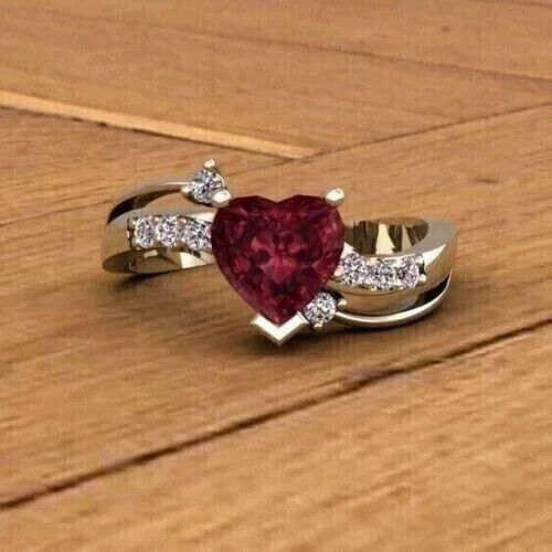 2.64 Ct Heart Cut Simulated Ruby Women’s Promise Band Ring 14k White Gold Plated