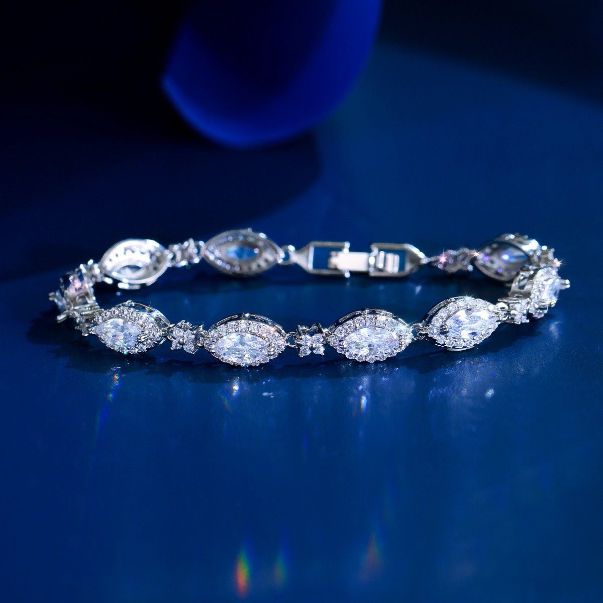 Silver Plated Green Marquise Cubic Zirconia Flower Link Chain Bracelet for Women