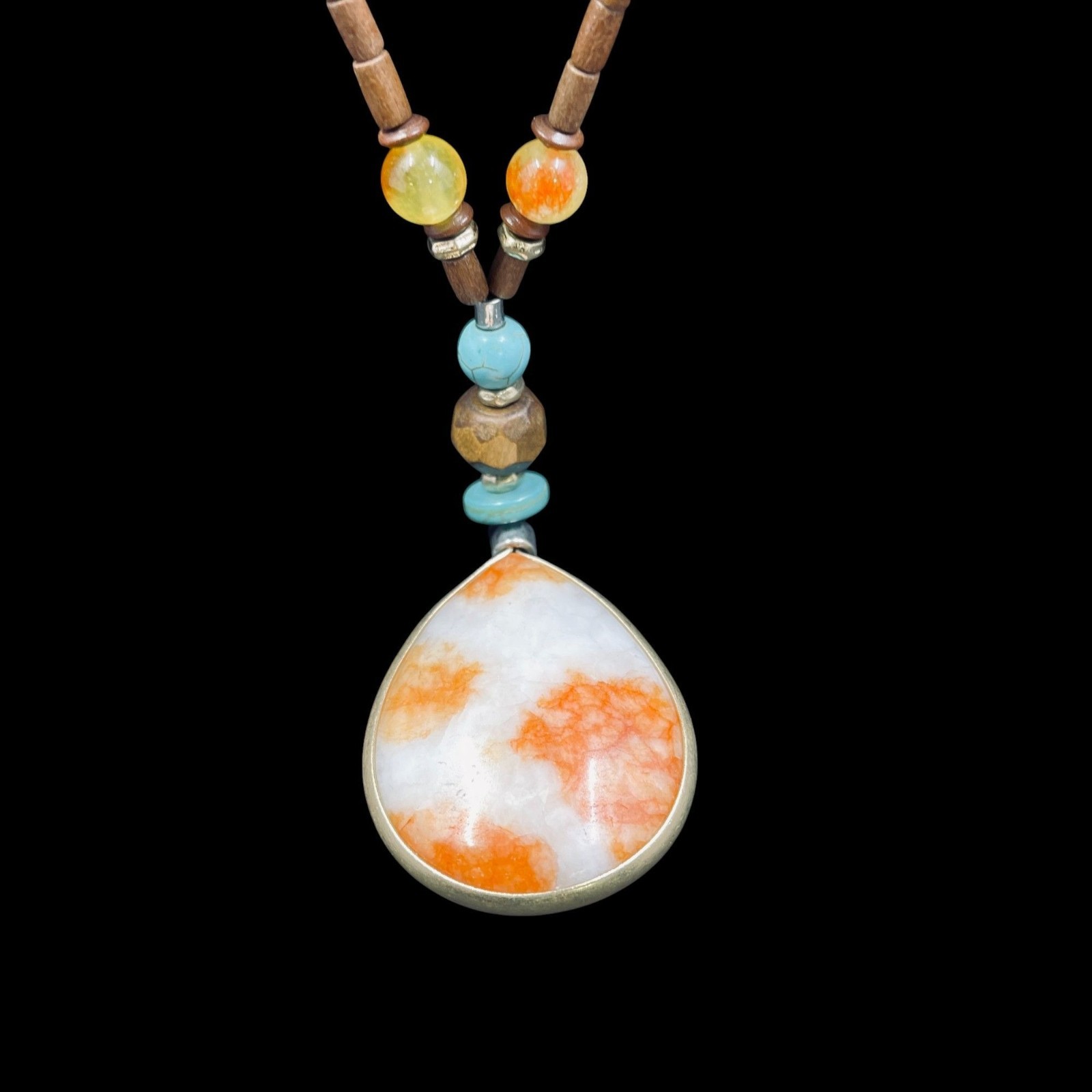 Boho Handmade Beaded Necklace With Orange White Jasper Teardrop Pendant 34 – 44″
