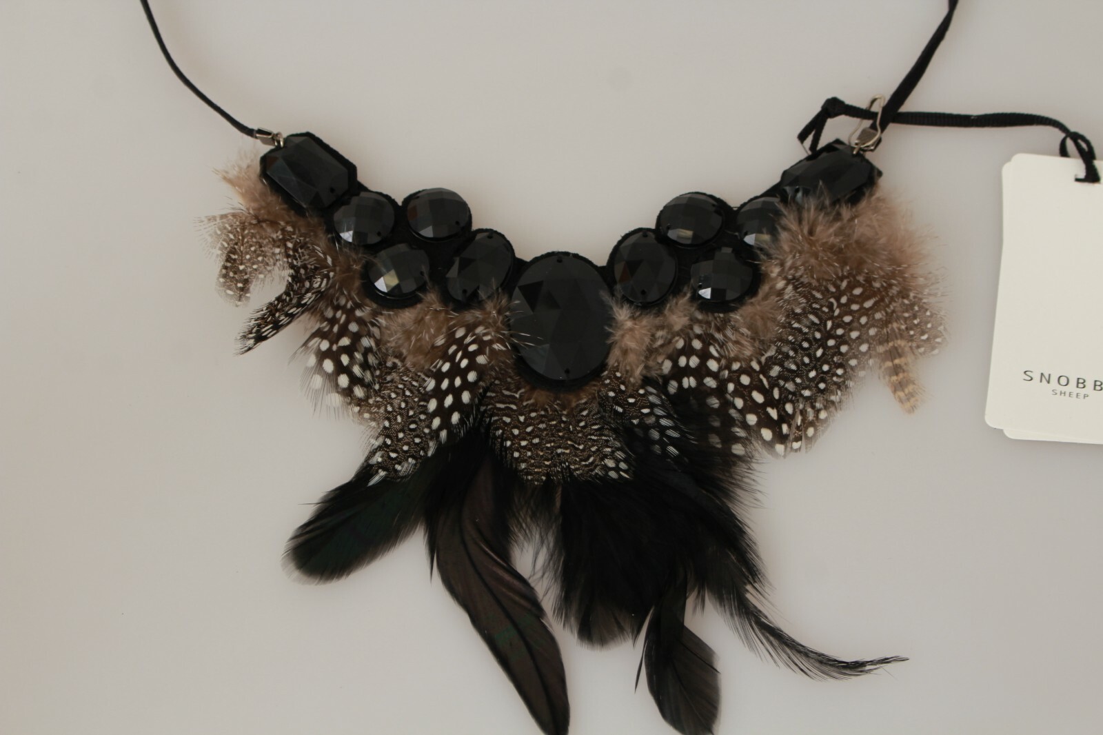 SNOBBY SHEEP Necklace Black Stone Brown Real Feather Statement RRP $180