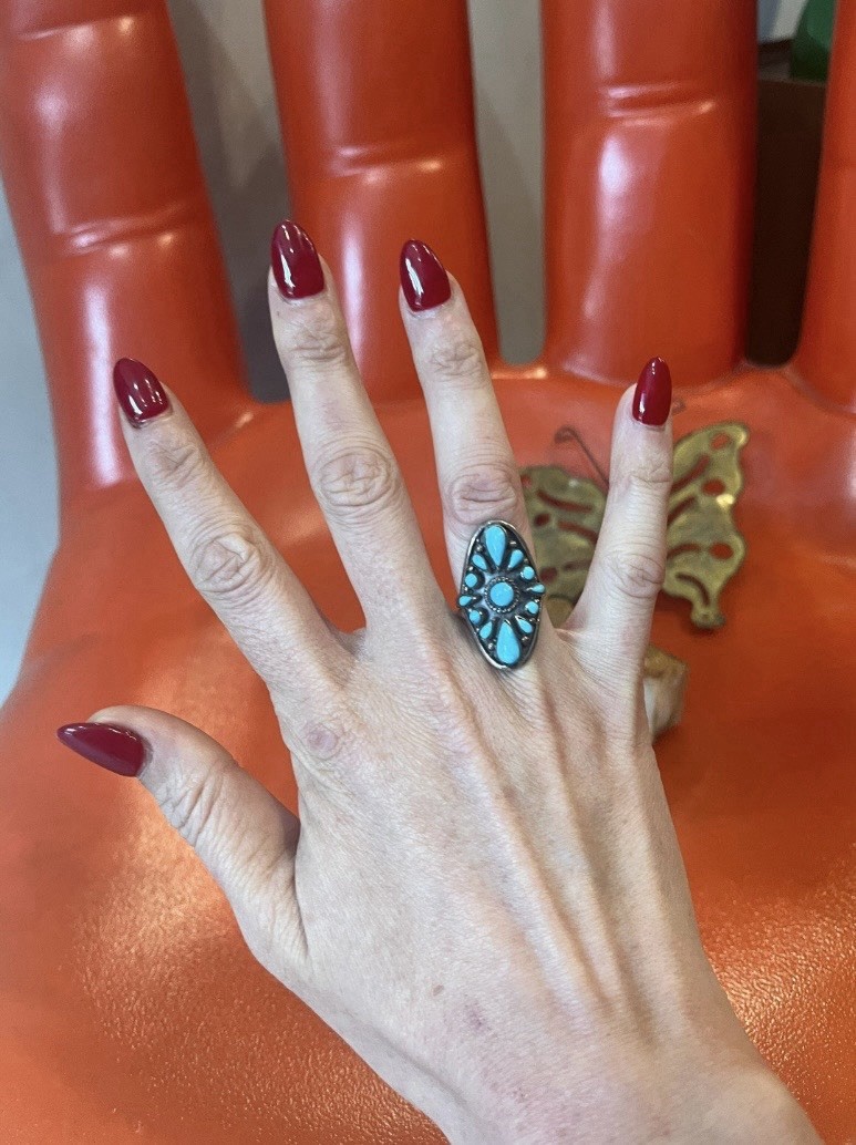 70s VTG 925 Sterling Silver Turquoise Cluster Sunburst Statement Ring Size 8.25