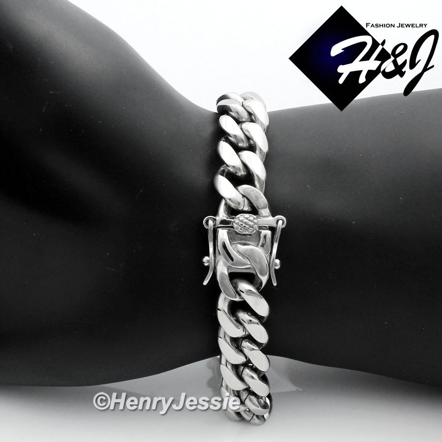 7.5-11″MEN Stainless Steel 7/10/12/14mm Silver Miami Cuban Curb Chain Bracelet