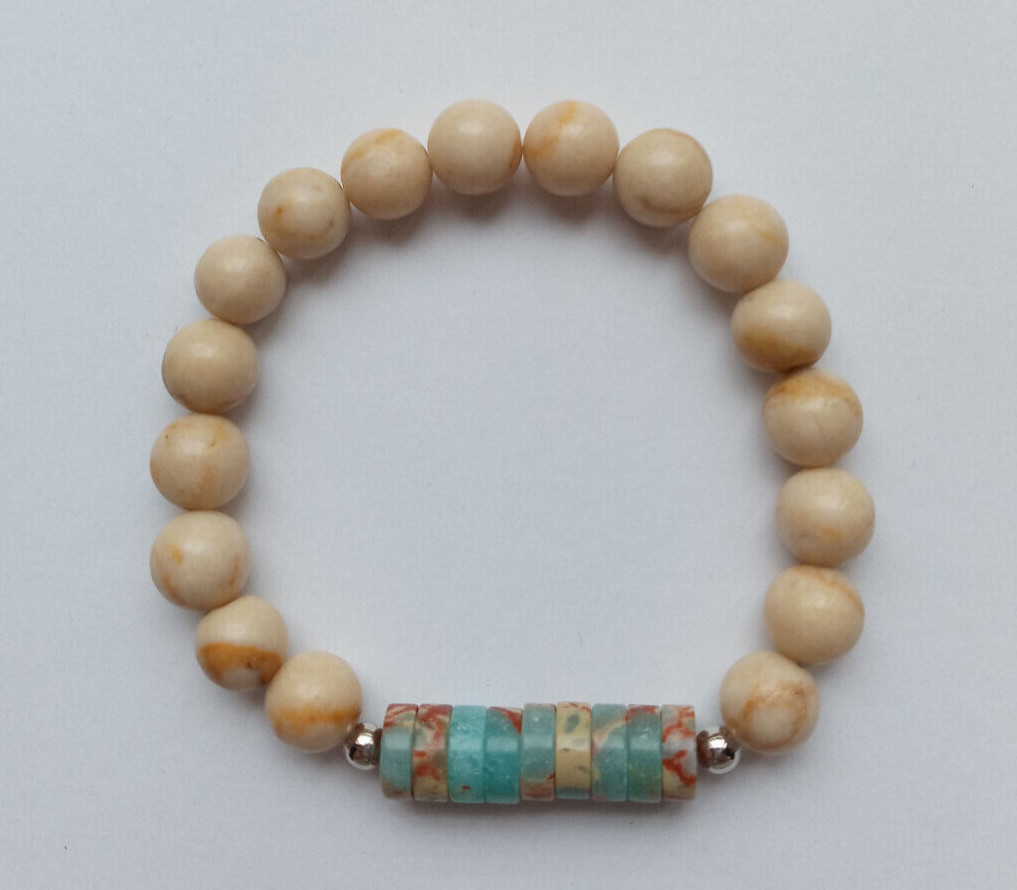 NEW 8MM FOSSIL JASPER & SEA SEDIMENT JASPER HEISHI BEADED BRACELET