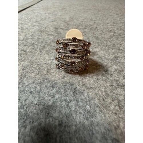 Silver Tone Multi Row Amber and Clear Crystal Statement Ring Size 9 Wide Band