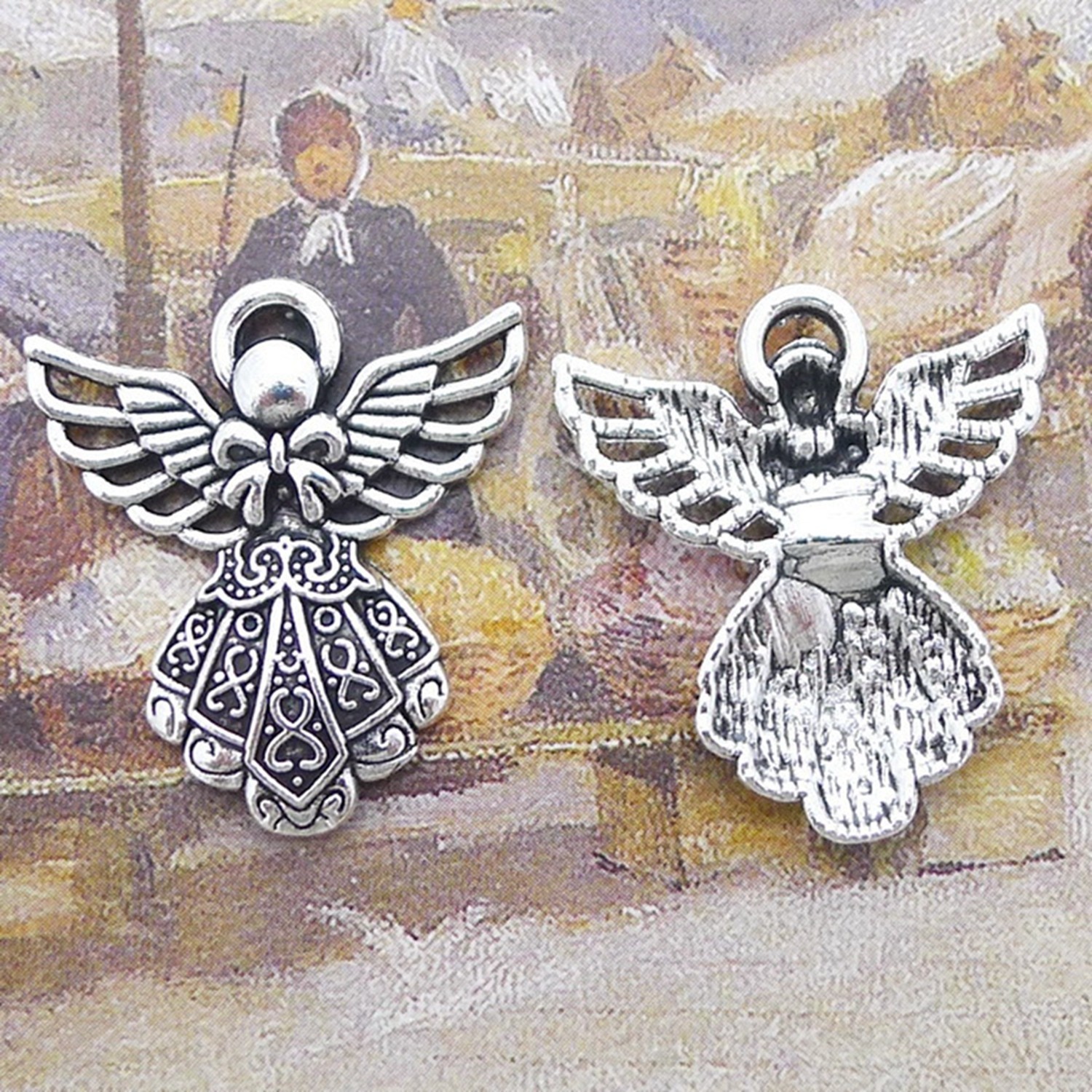 30PCS Antique Silver Tone Alloy Angel Charm Pendant 24X27mm JHS524