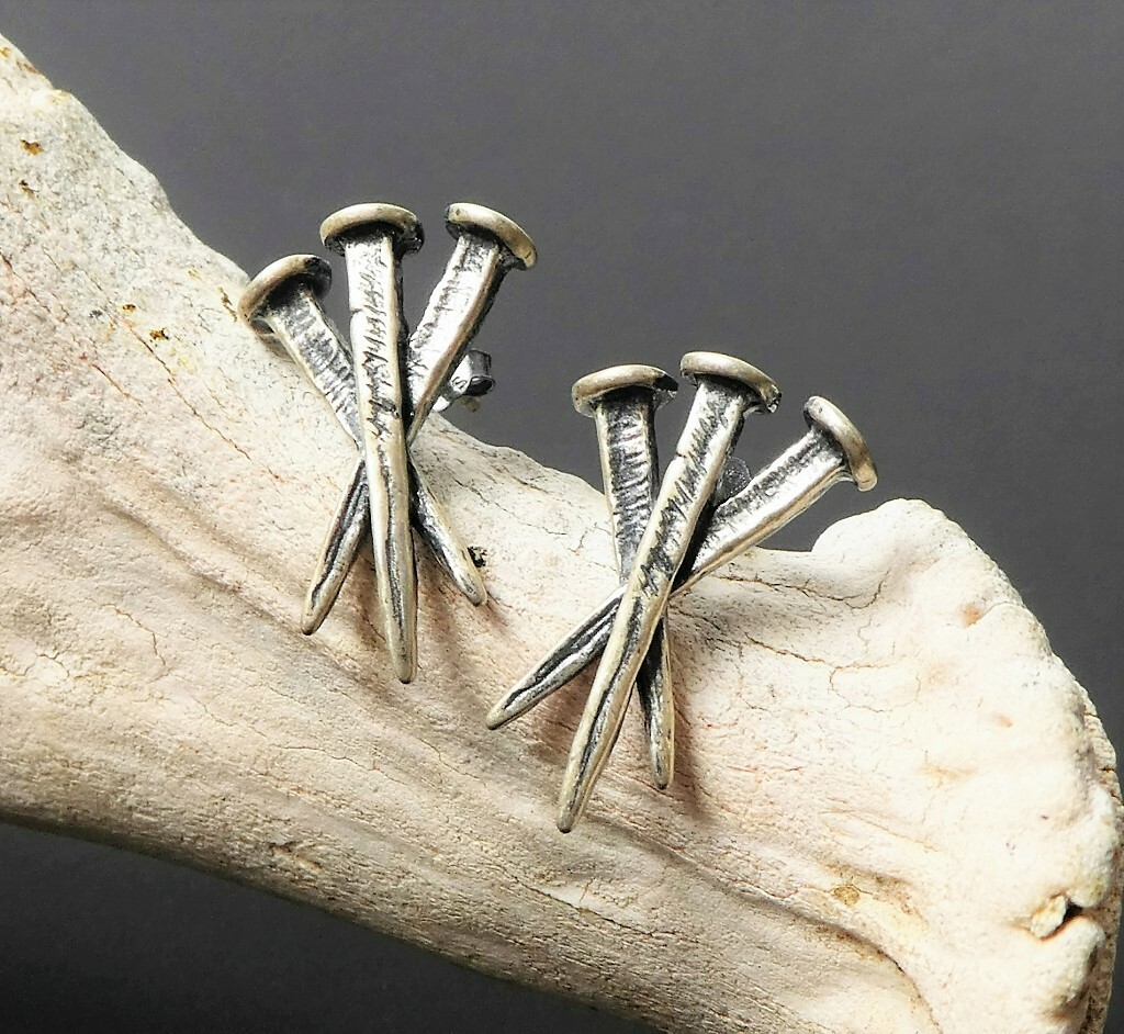 Antiqued Solid 925 Sterling Silver Triple Nails Post Stud Earrings Unique Gothic