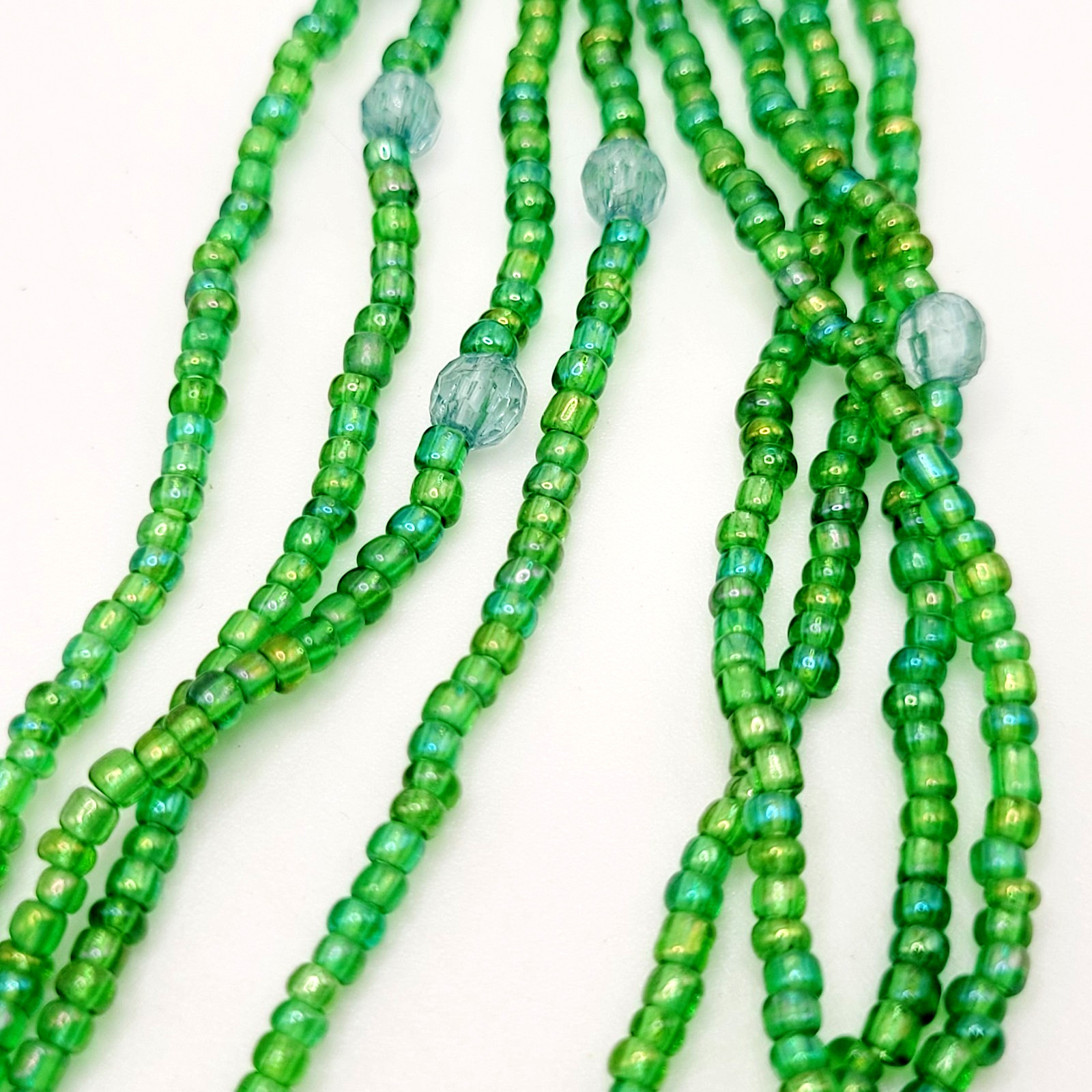 Green Art Glass Pendant Iridescent Seed Bead Multi Strand Necklace Vtg Y2K Era