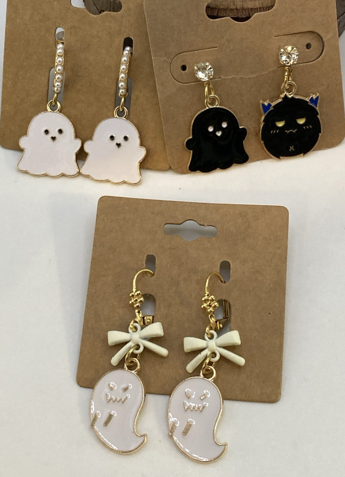 White & Black GP & Enamel Variety Ghost & Bat Dangle/Drop Earrings, Set 3 Pair