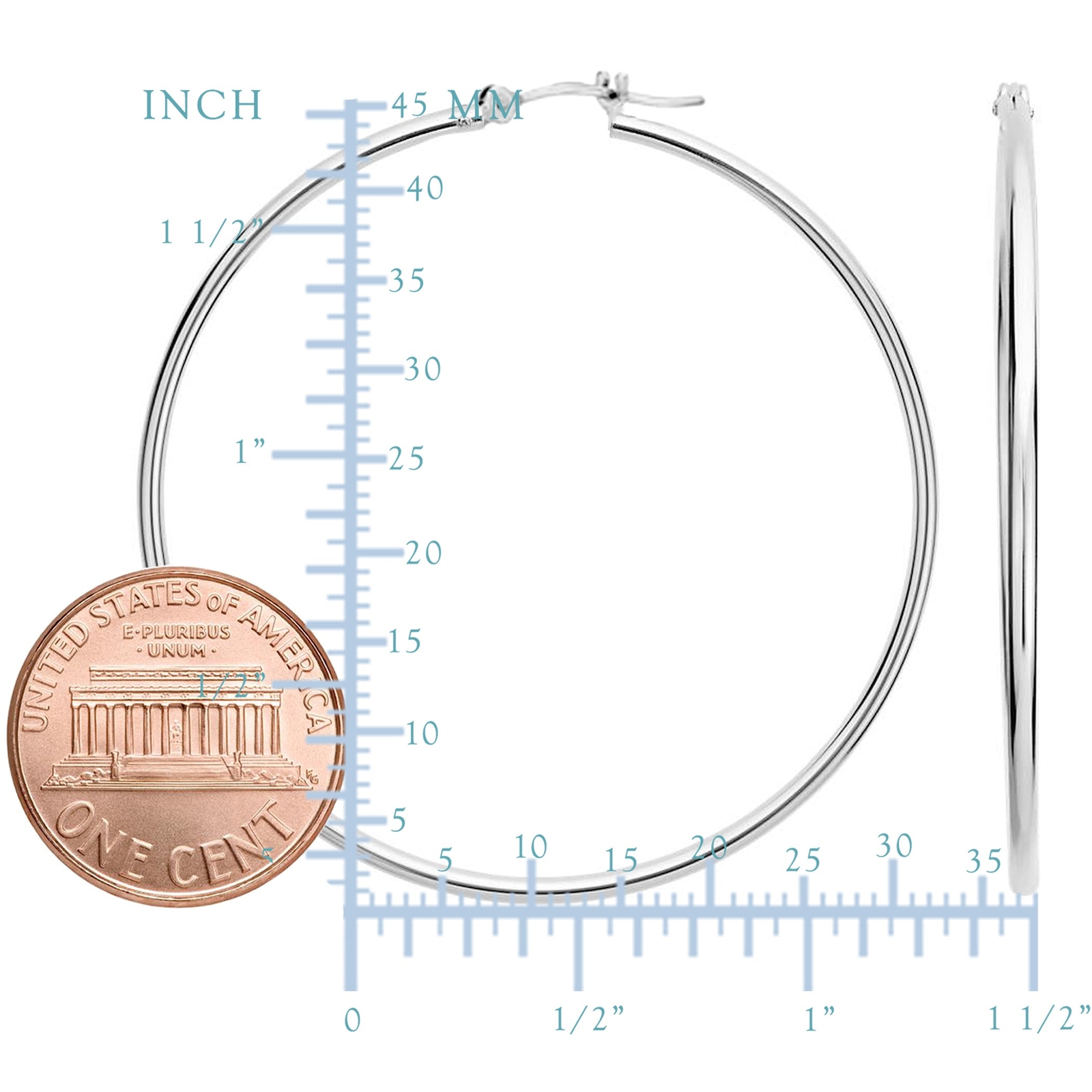 14k White Gold 1.5mm Shiny Round Tube Hoop Earrings, Diameter 40mm