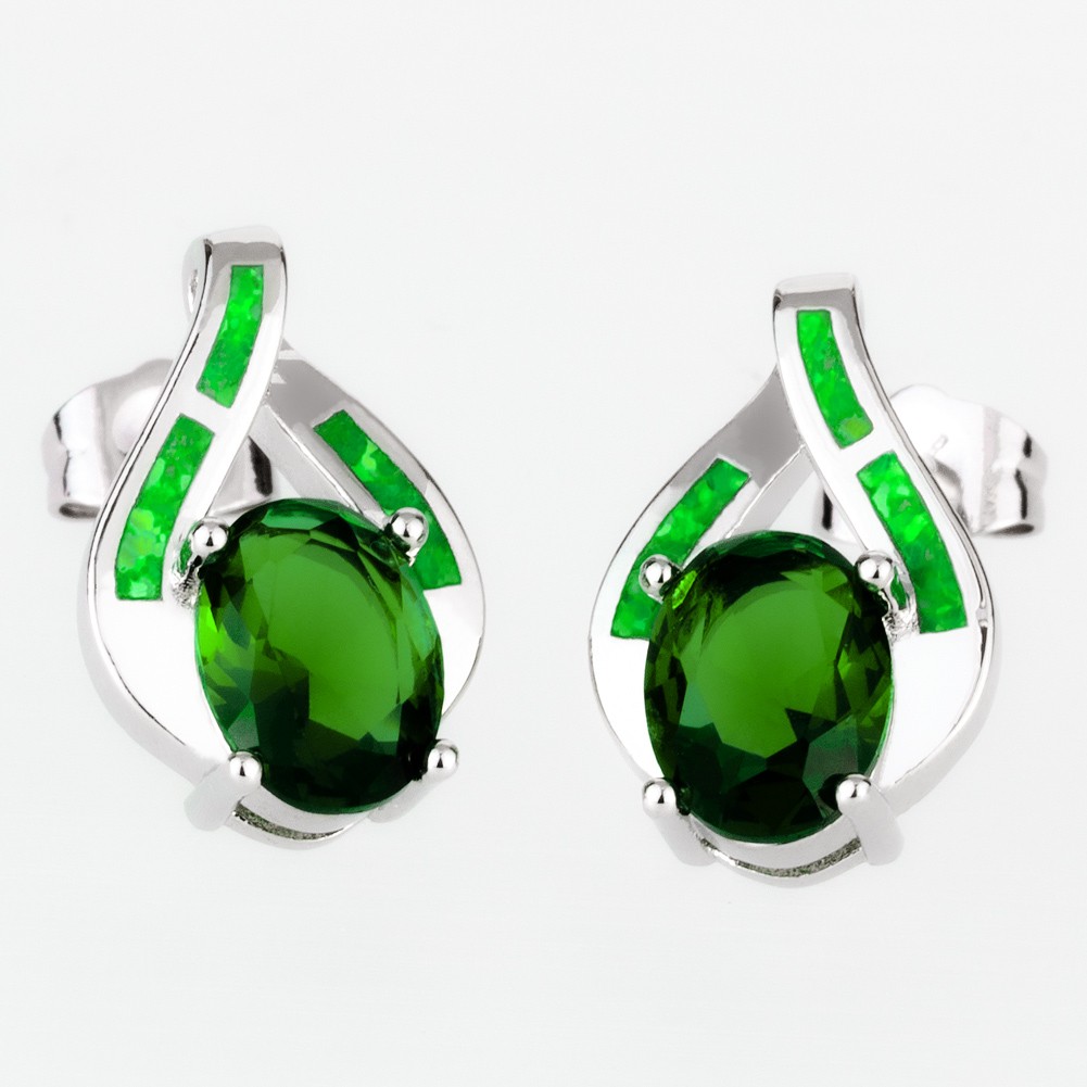 6×8 Simulated Emerald Kiwi Green Fire Opal Silver Filled Jewelry Stud Earrings