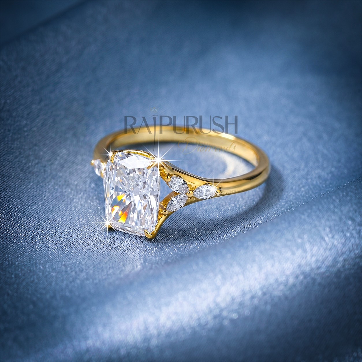 Cushion Solitaire Engagement Ring Marquise Accent Stone 14K Gold Plated-Silver