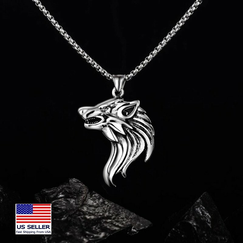 MEN Stainless Steel Vintage Viking Lucky Wolf Head Pendant Necklace 24″ 1082