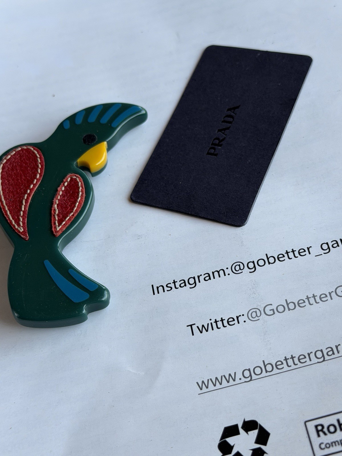 PRADA Bird/Parrot Brooch Leather Green Red Yellow Blue Signed Engraved Italy