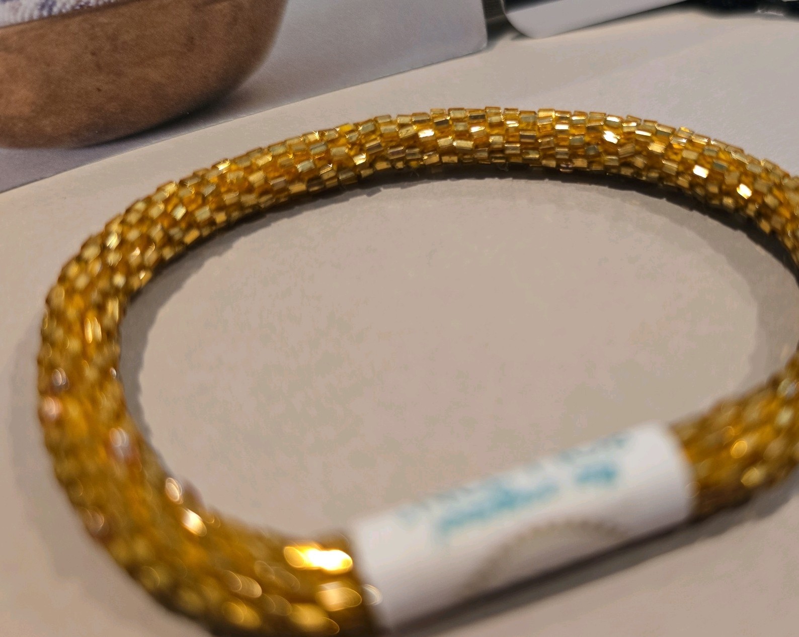 Aid Through Trade Roll-On Beaded Bracelet Gold Nepal Glass Bead Fair Trade NWT