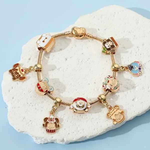 🍬 Cute Munchlings Charm Bracelet 6.7″ Golden Tone Zinc Alloy w/9 Disney Charms