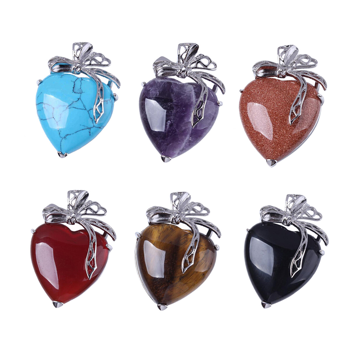 Natural Crystal Quartz Love Heart Bow Pendant Bead Chakra Stone Healing Amulet