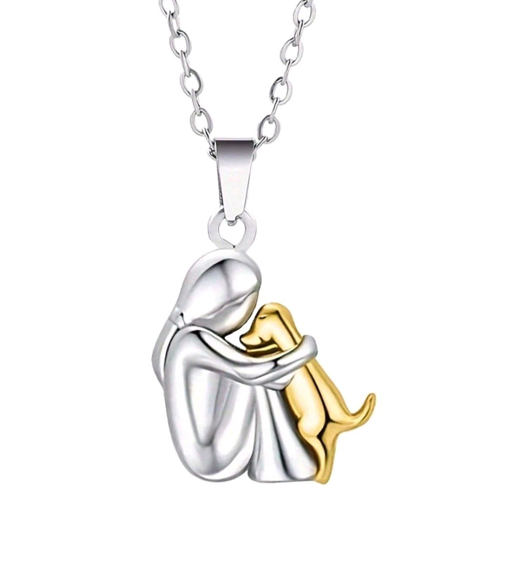 Woman Hugging Dog Silver & Gold Tone Necklace Womens/Girls 19″ Chain Dog Lover