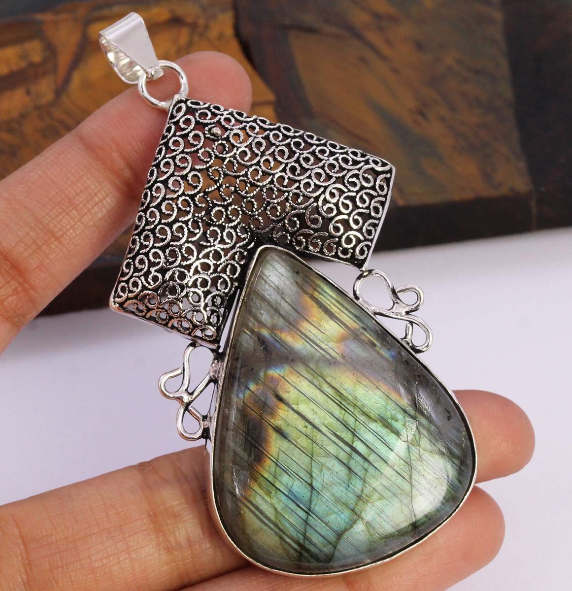Firey Labradorite 925 Silver Plated Handmade Pendant of 3″