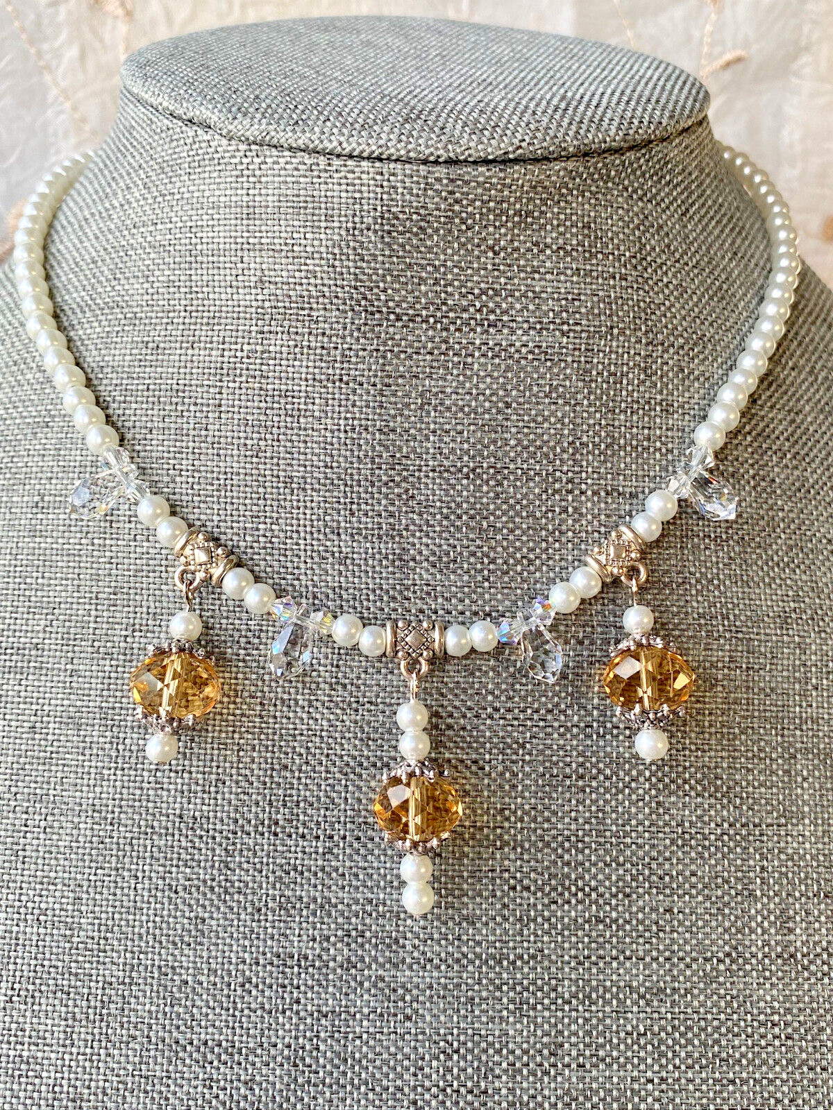 15″ Faux Pearl and Glass Bead Necklace with Silver Tone Accents NK245
