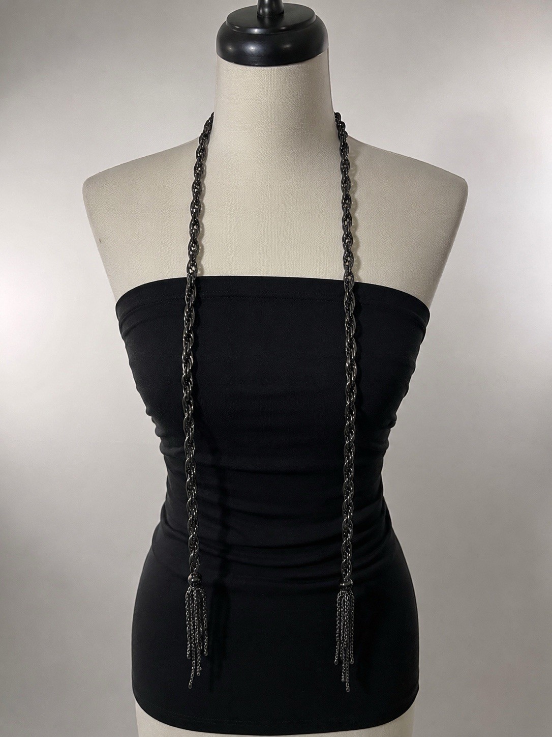 Long Black Braided Gunmetal Chain Lariat Necklace Tassel Goth Grunge Scarf 57”
