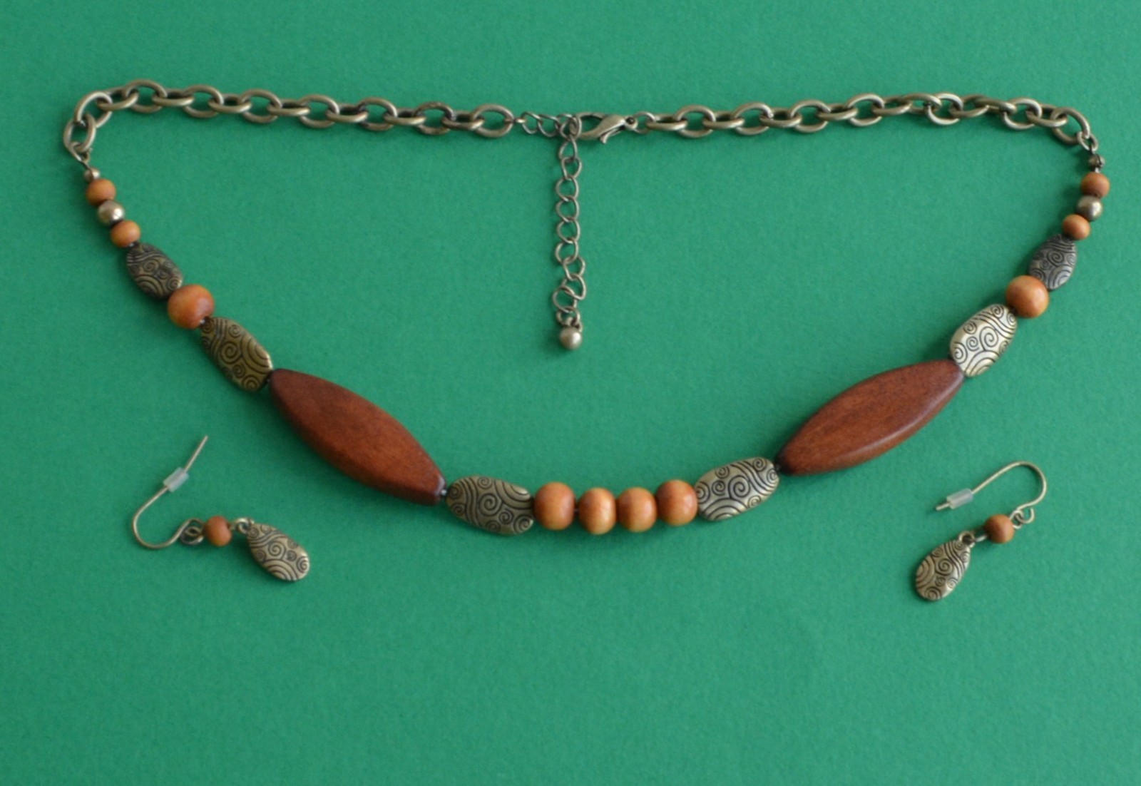 Jewelry-247/Necklace and Earrings-Z Designs Brown Wood Beads & Gold tone Metal