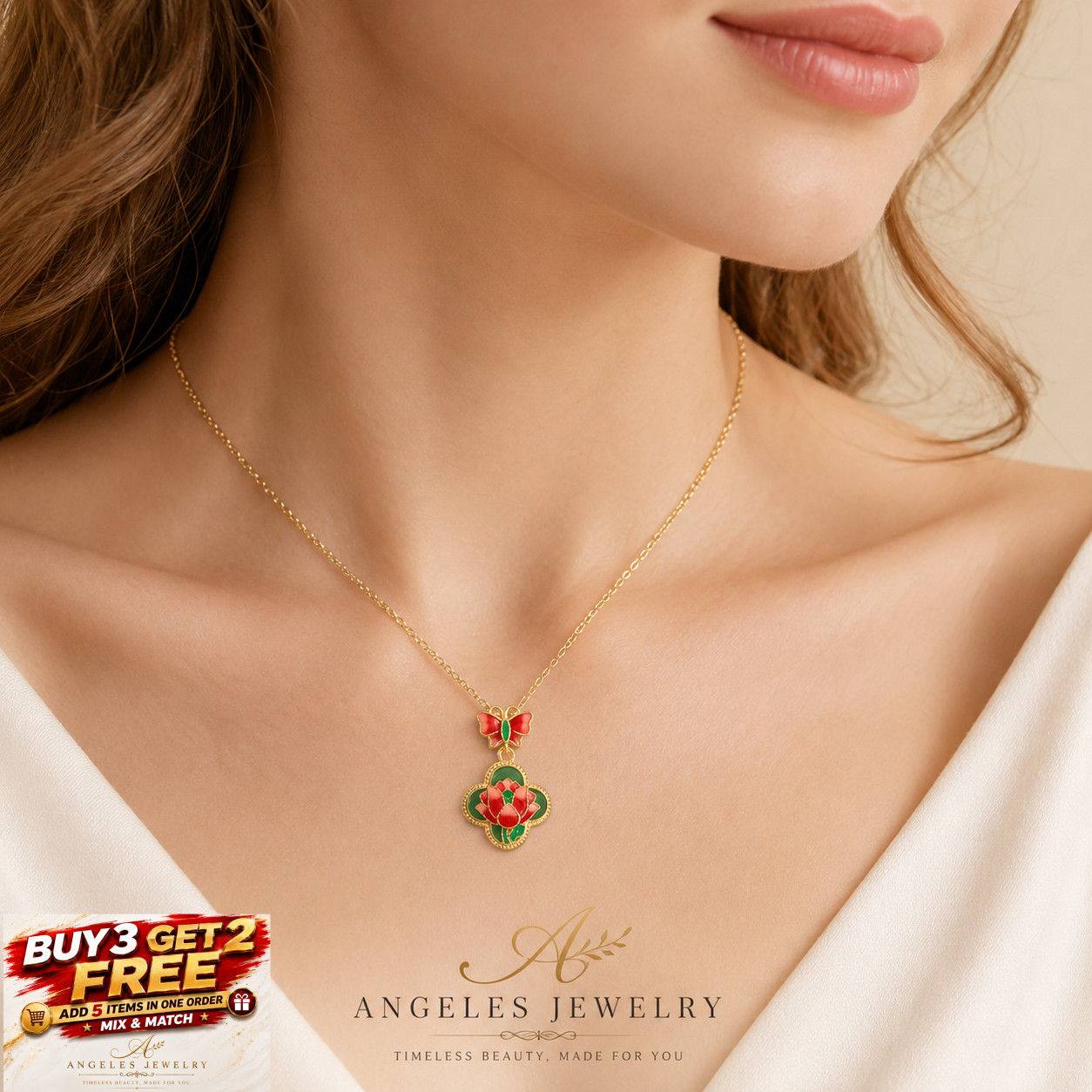 Jade Carved Flower Pendant Necklace Charm 18K Gold Plated Chain Dainty Gemstone