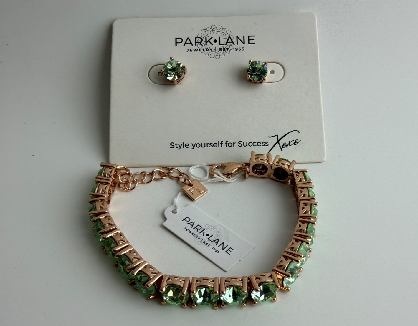 Park Lane Impression Tennis Bracelet & Earrings ~ Mint w Rose Gold-Tone Green CZ