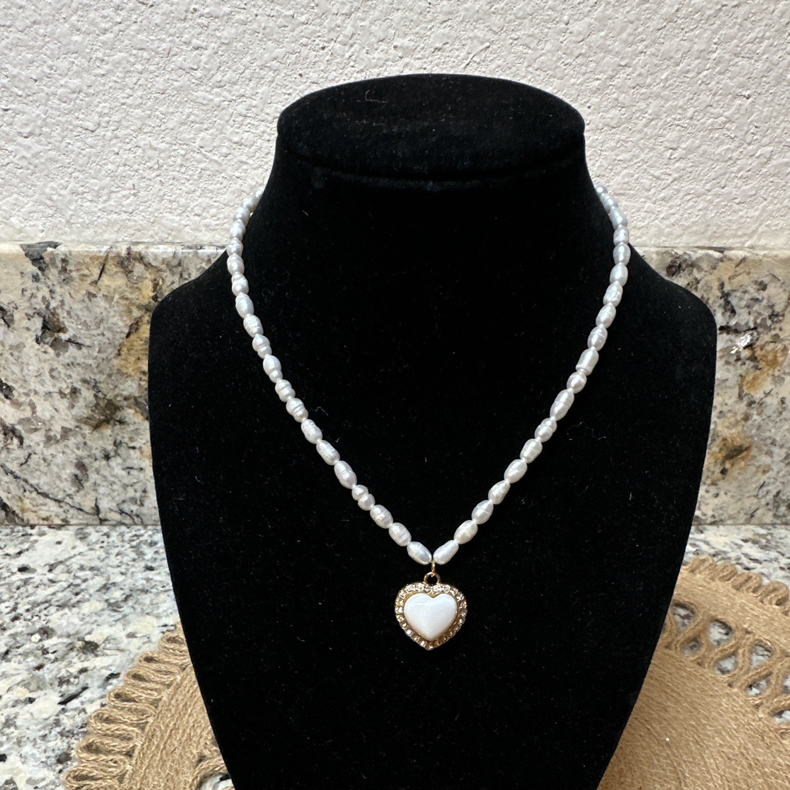 White Pearl Beaded Necklace, Gold Tone Heart Charm Pendant, Adjustable Lobster